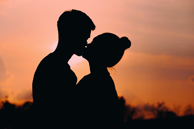 夕日を背にキスしているカップルのシルエットの画像