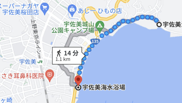 宇佐美港から宇佐美海水浴場までの経路を表示したGoogleマップ画像