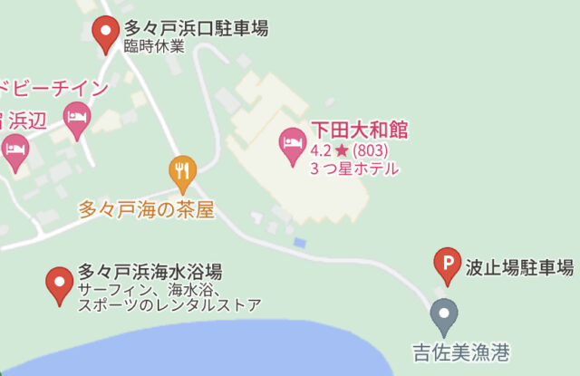 多々戸浜海水浴場周辺の駐車場を示したGoogleマップ画像