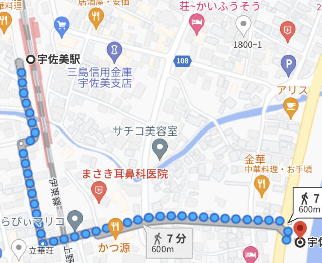 宇佐美駅から宇佐美海水浴場までの経路を表示したGoogleマップ画像
