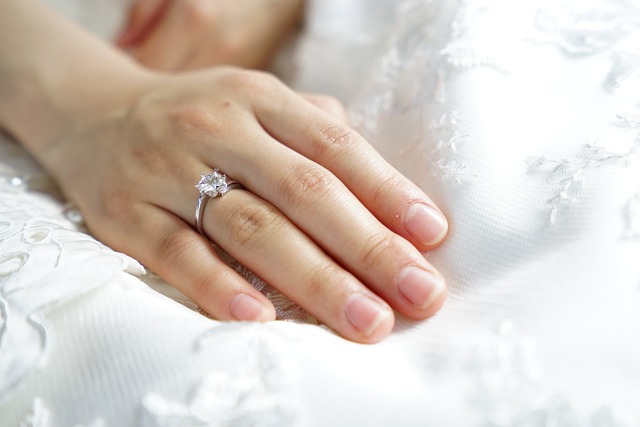 女性が婚約指輪をつけている画像