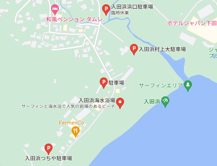 入田浜海水浴場周辺の駐車場の地図の画像
