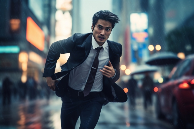 スーツ姿の男性が街中を走っている画像