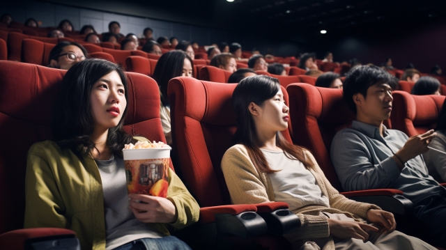 映画を観ている日本人の画像