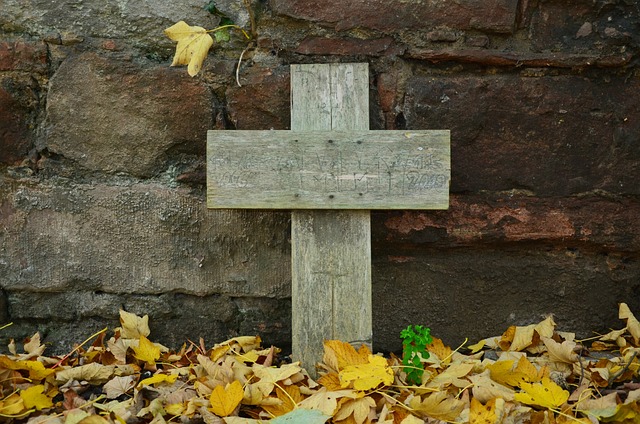 木の板でできた十字架が落ち葉の上に建っている画像