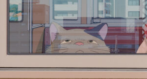 耳をすませばの猫であるムーンが電車の窓から外を眺めている画像