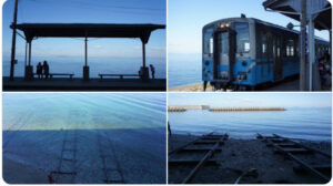 下灘駅の海に沈む線路の画像