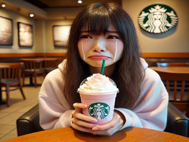 スタバで女性が桜フラペチーノを飲んで泣いている画像