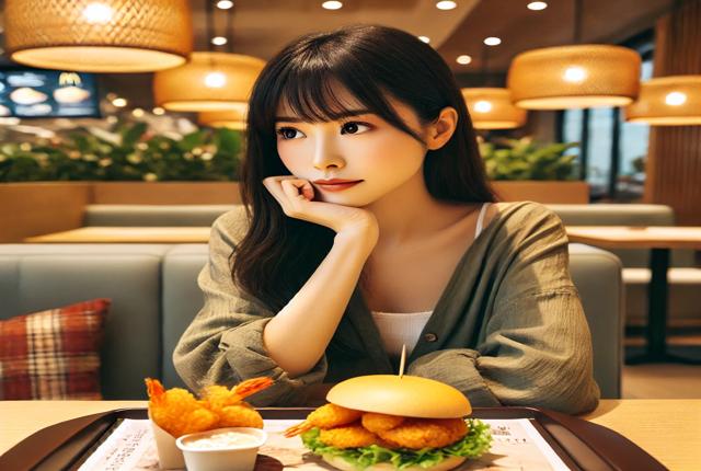 マクドナルドで考えている女性の画像